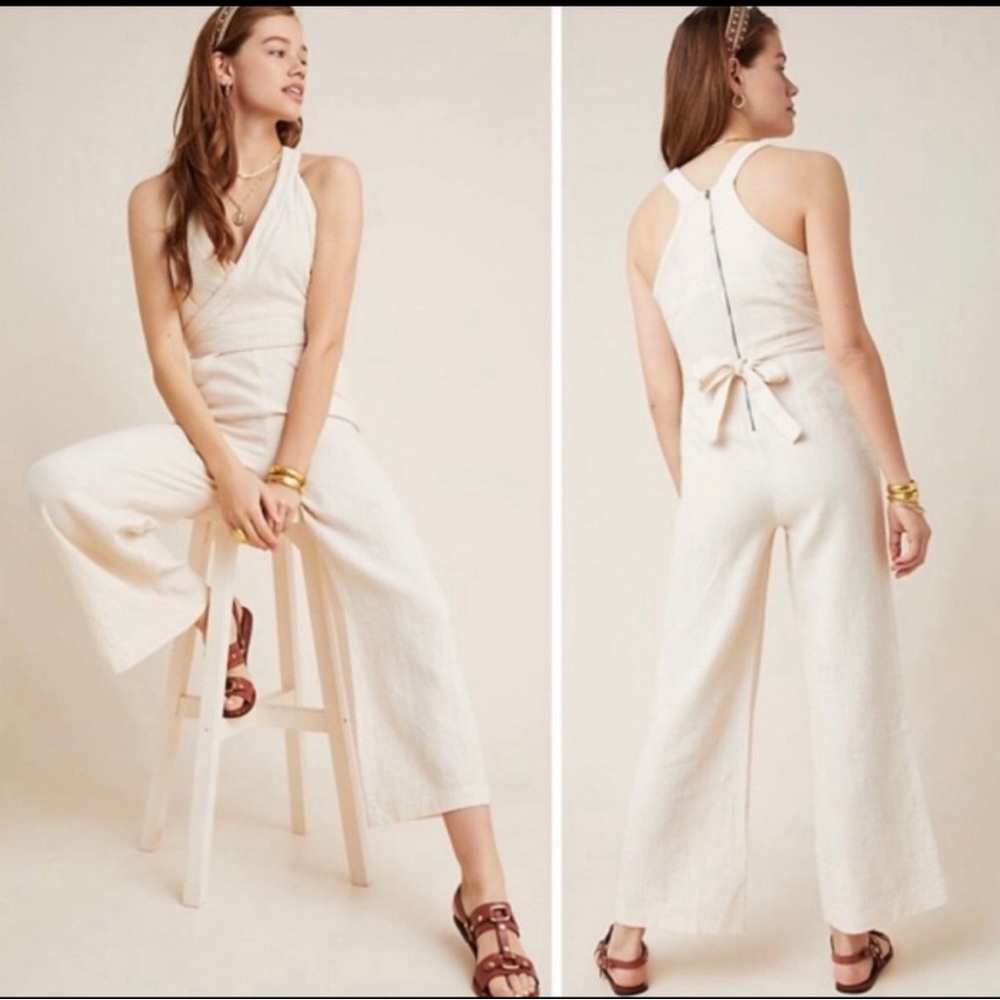 Anthropologie Demi Textured Cream Jumpsuit NWT 4